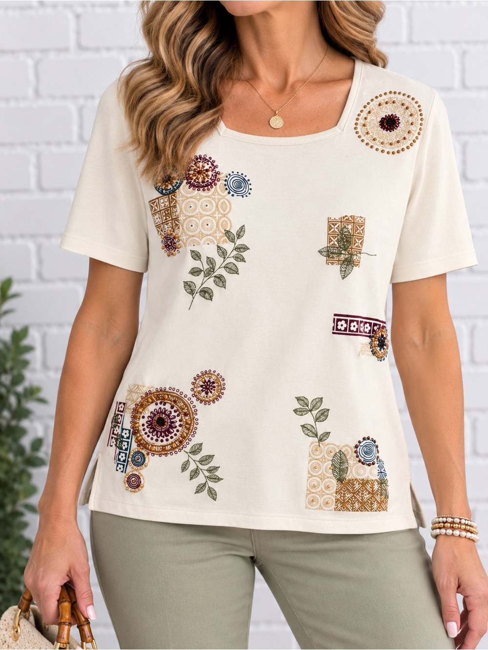 Vintage Y2K Alfred Dunner Petite Cream Beaded Embroidered Cotton Top PS
